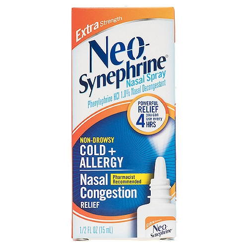 Neo-Synephrine Extra Strength 15mL
Nasal Spray

Drug Facts
Active ingredients - Purpose
Phenylephrine hydrochloride 1.0% - Nasal decongestant

Uses
■ temporarily relieves nasal congestion due to:
■ common cold
■ hay fever
■ upper respiratory allergies
■ temporarily relieves sinus congestion and pressure
■ shrinks swollen membranes so you can breathe more freely
■ temporarily restores freer breathing through the nose