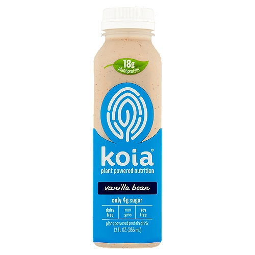 Koia Vanilla Bean Plant Powered Protein Drink, 12 fl oz
Always packed with
Plant proteins which are combined into a unique brown rice, pea and chickpea blend to support your body's natural renewal and maintenance
Almonds to provide protein, fiber, healthy fats and nutty flavor

Infused with fresh
Vanilla popular around the world for its seductive flavor and aroma
Nutmeg which provides a good source of iron and other trace minerals