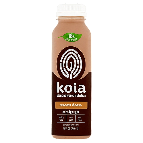 Koia Cacao Bean Plant Powered Protein Drink, 12 fl oz
Always packed with
Plant proteins which are combined into a unique brown rice, pea and hemp blend to support your body's natural renewal and maintenance
Almonds to provide protein, fiber, healthy fats and nutty flavor

Infused with fresh
Cacao which is traditionally consumed for its antioxidant, heart health and digestion properties
Vanilla to add stellar flavor and trace amounts of magnesium and potassium