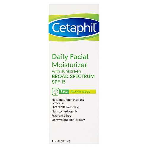 Cetaphil Broad Spectrum Daily Facial Moisturizer with Sunscreen, SPF 15, 4 fl oz
Importance of daily sunscreen protection:
UV rays from the sun are made of UVA and UVB. It is important to protect against both UVA and UVB to help prevent sunburn and other skin damage. Also, broad spectrum sunscreen protection helps decrease early signs of aging caused by the sun when used with other sun protection measures.
Use in combination with a complete regimen of Cetaphil cleansers and moisturizers for your daily skin care needs.

This light, non-greasy moisturizer nourishes and hydrates your skin while protecting it from the sun's harmful rays.
Restores and improves your skin's ability to retain vital moisture.

Use(s)
■ Helps prevent sunburn.
■ If used as directed with other sun protection measures (see Directions), decreases the risk of skin cancer and early skin aging caused by the sun.

Drug Facts
Active Ingredients - Purpose
Avobenzone 3%, Octocrylene 10% - Sunscreen