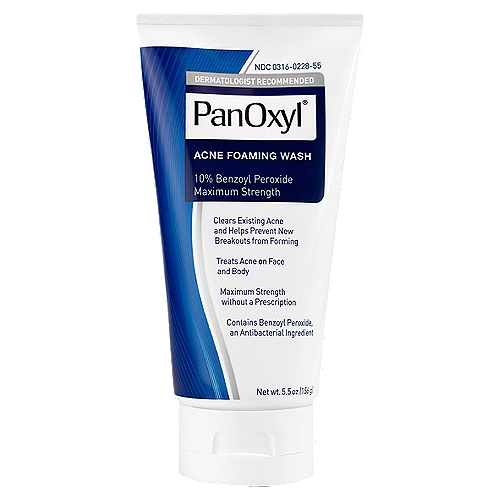 PanOxyl Maximum Strength Acne Foaming Wash, 5.5 oz
Clear, treat and prevent even the worst breakouts with PanOxyl 10% Benzoyl Peroxide Maximum Strength Acne Foaming Wash. This cleanser for acne-prone skin can be used on both the face and body. PanOxyl Acne Foaming Wash contains the highest concentration of benzoyl peroxide available without a prescription. This powerful daily cleanser starts working quickly to clear inflammatory acne and kills over 99% of acne-causing bacteria in 15 seconds.* Acne treatments can be harsh and drying to skin, so PanOxyl's benzoyl peroxide washes contain moisturizers to combat dryness. Complicated skincare routines? No thanks. PanOxyl Benzoyl Peroxide Acne Foaming Wash clears and treats existing breakouts and helps prevent new zits from forming in one step. Acne is caused by three things clogging pores: dead skin cells, excess oils and acne-causing bacteria. This powerful, anti-bacterial cleansing wash breaks the acne cycle by unclogging pores and killing acne-causing bacteria. When used daily, this wash helps to prevent new pimples from forming. PanOxyl Acne Foaming Wash can be used to treat acne on the face, chest and back. Use in the shower or at the sink, in the morning to get ready for the day or at night before bed. To use, wet the area to be cleansed. Apply acne wash and gently massage the area for 1-2 minutes. Use at the sink or in the shower and rinse thoroughly after application for best results. Pat dry. PanOxyl 10% Benzoyl Peroxide Acne Foaming Wash is pH balanced, paraben free, phthalate free, and contains no added fragrances. It works great for acne-prone and oily skin. Dermatologists recommend PanOxyl benzoyl peroxide acne washes because of their proven results over the last 45 years. To help maintain a clear complexion and help eliminate active blemishes, pair with PanOxyl PM Overnight Spot Patches. Always wear sunscreen when using a benzoyl peroxide acne treatment. For oily skin, apply PanOxyl AM Oil Control Moisturizer for gentle, hydrating mineral sunscreen that mattifies. PanOxyl Reveal your best-looking skin with PanOxyl Acne Solutions. *Independent laboratory study, data on file.