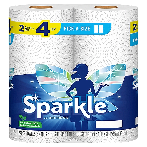 Sparkle® Pick-A-Size® 2-ply paper towels with Thirst Pockets are designed with a perforation in each sheet so you can pick between a full size or half size sheet for your everyday tasks. Sparkle® Paper Towels are just right for cleaning up your everyday messes without cleaning out your piggy bank. Whether you need to wipe up a mess in your kitchen, take care of small spills, shine up your windows and mirrors or wipe your hands or face clean, Sparkle® Pick-A-Size paper towels allow you to spend less on your everyday messes.

Sparkle® 2 Double Roll Pick-A-Size® White

2 double rolls = 4 regular rolls*
*based on a Sparkle® regular roll with 55 sheets