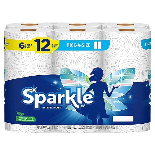 Sparkle® Pick-A-Size® 2-ply paper towels with Thirst Pockets are designed with a perforation in each sheet so you can pick between a full size or half size sheet for your everyday tasks. Sparkle® Paper Towels are just right for cleaning up your everyday messes without cleaning out your piggy bank. Whether you need to wipe up a mess in your kitchen, take care of small spills, shine up your windows and mirrors or wipe your hands or face clean, Sparkle® Pick-A-Size paper towels allow you to spend less on your everyday messes.nn6 double rolls = 12 regular rolls*n*based on a Sparkle® regular roll with 55 sheetsnnSparkle® 6 Double Roll Pick-A-Size® White