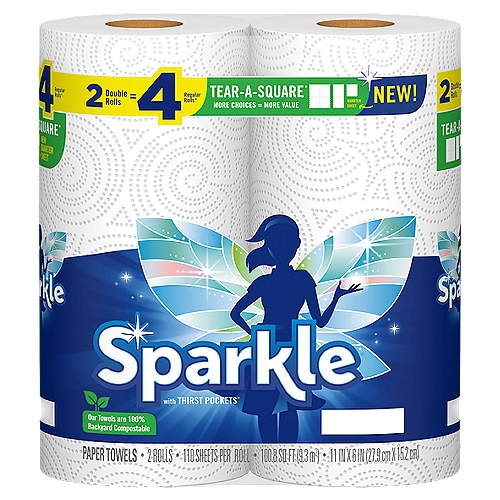 NEW Sparkle® Tear-A-Square® 2-ply Paper Towels with Thirst Pockets® are specially designed with an extra perforation on every sheet - putting you in control of how much towel you use for the task at hand. Choose between a full sheet, a half sheet, or a NEW quarter sheet option. Each Double Roll contains 110 2-ply sheets. Sparkle® Paper Towels are just right for cleaning up your everyday messes without cleaning out your piggy bank. Whether you need to wipe up a mess in your kitchen, take care of small drips and dribbles or clean little hands and faces, with Sparkle® Tear-A-Square®, you can choose just the right amount of paper towel you need so you can spend less on your everyday messes.