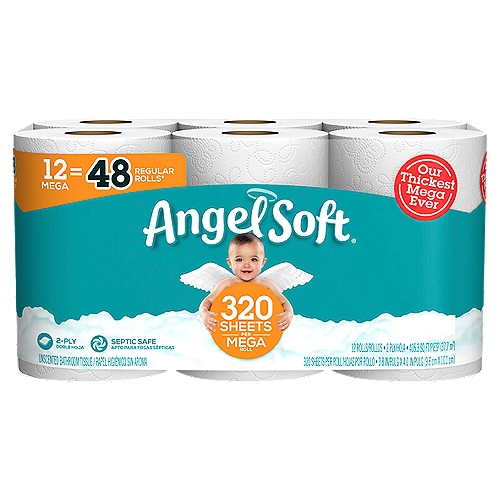 ASBT 12M BRK 320/4/12 CS
Try Our Thickest Angel Soft® Toilet Paper Ever! Now 20% thicker sheets. Angel Soft® offers An Ideal Balance of Softness and Strength® to reliably deliver the quality you want at a price you will love. Each mega roll has 320 2-ply sheets and is designed to fit in standard bathroom toilet paper holders. 12 mega rolls = 48 regular rolls, so you won't have to change the roll as often. Angel Soft® is safe for use in standard sewer and septic systems, breaking down easily after flushing for a hassle-free use. Angel Soft® Toilet Paper is certified to the Sustainable Forestry Initiative (SFI) sourcing standards.

Unscented Bathroom Tissue

12 Mega = 48 Regular Rolls*

1 mega roll equals 4 regular rolls* for longer lasting rolls and less roll changes
*based on number of sheets in Angel Soft® Regular Roll

2-ply with SoftShield® layers