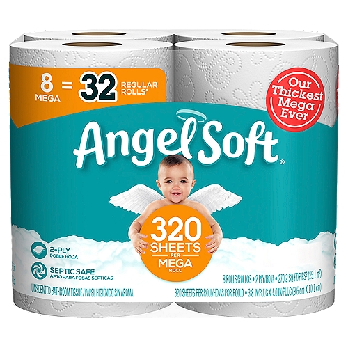 ASBT 8M BRK 320/8/8 CS
Try Our Thickest Angel Soft® Toilet Paper Ever! Now 20% thicker sheets. Angel Soft® offers An Ideal Balance of Softness and Strength® to reliably deliver the quality you want at a price you will love. Each mega roll has 320 2-ply sheets and is designed to fit in standard bathroom toilet paper holders. 8 mega rolls = 32 regular rolls, so you won't have to change the roll as often. Angel Soft® is safe for use in standard sewer and septic systems, breaking down easily after flushing for a hassle-free use. Angel Soft® Toilet Paper is certified to the Sustainable Forestry Initiative (SFI) sourcing standards.

8 Mega = 32 Regular Rolls*

An ideal balance of softness & strength®

1 mega roll equals 4 regular rolls* for longer lasting rolls and less roll changes
*based on number of sheets in Angel Soft® Regular Roll

2-ply with SoftShield® layers