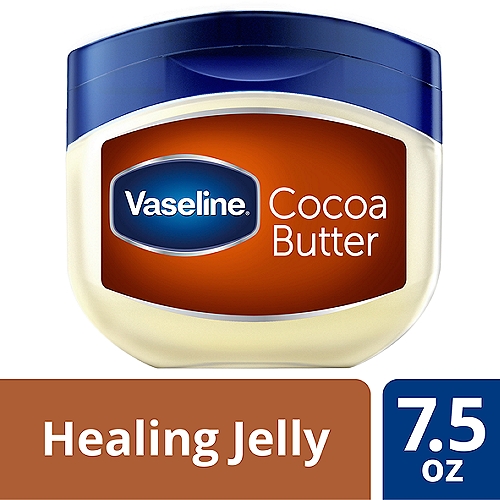 Vaseline Healing Jelly Cocoa Butter Rich Moisturizing Petroleum, 7.5 oz
Vaseline Petroleum Jelly Cocoa Butter This formula works to help heal dull, dry skin and give skin a radiant, healthy look. Vaseline Petroleum Jelly has long been used to help heal dry skin and is effective at locking in moisture. Our Vaseline Jelly Cocoa Butter combines the dry skin healing benefits of Vaseline Jelly, with cocoa butter, which is known to nourish your skin. Vaseline Jelly forms a protective barrier, to seal in moisture deep within the skin's surface layers and to enhance the skin's natural barrier recovery. With its moisturizing properties, Vaseline Petroleum Jelly Cocoa Butter is great for tackling dull, dry skin and is suitable for sensitive skin. This product is also made with cocoa butter, which is known to be a great moisturizer, especially for particularly rough areas like elbows, knees, and heels. Simply apply Vaseline Jelly Cocoa Butter daily to deeply condition, relieve, and rejuvenate dry skin. Gentle on Skin. Vaseline Jelly with Cocoa Butter isn't just good for dry skin; it's also gentle on skin. Vaseline Petroleum Jelly Cocoa Butter is made with triple-purified petroleum jelly. Vaseline wonder jelly has also been dermatologist tested and is a non-comedogenic skin protectant, meaning it won't clog your pores. These factors make it perfect for daily use. Visit the Vaseline website to learn about other petroleum jelly uses. The convenient, recyclable, flip cap jar makes it easy to access the moisturizing power inside with just one hand. Choose Vaseline Petroleum Jelly Cocoa Butter and you can maintain smooth, glowing skin all year round. Explore our other Vaseline products and enjoy the healing power of Vaseline.