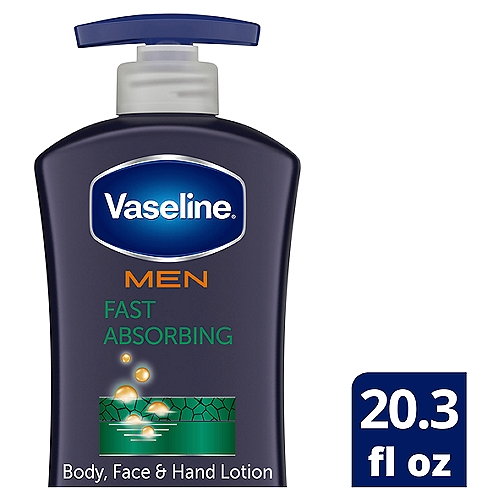 Vaseline Men Fast Absorbing 3 in 1 Body, Face & Hand Lotion, 20.3 fl oz
We believe everyone, everywhere deserves healed skin. That's why we created the Vaseline® healing project, to help people living in crisis and disaster care for their skin. Here, Vaseline® jelly is a necessity. Our fast absorbing lotion, powered by the same extraordinary Vaseline® Jelly, instantly absorbs to keep dry skin healed for 3 weeks. *
*Proven after 4 weeks daily use in a clinical study

Our unique formula includes light moisturizers and Vaseline® Jelly, without feeling greasy.

Our revolutionary smart pump unlocks and locks with just a 90° turn - even in the raised position, with no mess.