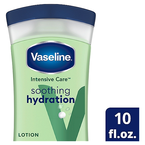 Vaseline Intensive Care Soothing Hydration Lotion, 10 fl oz
Vaseline® Intensive Care™ Soothing Hydration Lotion with Ultra Hydrating Lipids and Aloe Vera Extract moisturizes, refreshes, and soothes dry, dehydrated skin. This body lotion for dry skin is formulated with Aloe Vera Extract, helps keep your skin looking healthy and hydrated. With daily exposure to environmental triggers (like wind, lack of humidity, and sun), skin's natural moisture barrier can break down, allowing water to escape the skin. But the Ultra-Hydrating lipids in our lotion fortify the skin barrier and replenish moisture to allow the skin's natural barrier to recover. This lotion locks in moisture and promotes smooth, naturally glowing skin. The body moisturizer is clinically tested to provide 88% more skin moisture (vs. untreated skin). This body lotion for dry skin absorbs fast for rich moisturization without the residue and provides 48-hour moisture. Use this dermatologist-tested body lotion daily on dry, rough skin for stronger, noticeably healthy skin. Just apply to your skin for hydrating relief. This Vaseline® lotion bottle is made of 50% recycled plastic. Our ambition is to get to 100% recycled plastic in the near future. Since 2018, we've used 337 Metric Tons of recycled plastic across the Vaseline® product portfolio in North America. Our Intensive Care™ range works to heal dry skin from deep within. Explore the range of Vaseline products, including Vaseline lotion, and enjoy the healing power of Vaseline. Vaseline has a range of products to help heal, soothe, and moisturize all skin. We believe skin health is essential for well-being. That's why Vaseline® is working towards giving everybody, everywhere, access to the skin care they need. Learn more at Vaseline.com/equitableskincare!