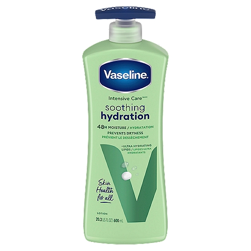 Vaseline Intensive Care Soothing Hydration Lotion, 20.3 fl oz
Vaseline® Intensive Care™ Soothing Hydration Body Lotion is made with Ultra-Hydrating Lipids that fortify the skin barrier and replenish moisture. It also contains 1% Aloe Vera Extract, an ingredient that is known to help refresh and soothe skin, to help keep your skin looking healthy and hydrated. The Soothing Hydration Lotion is a non-greasy, fast-absorbing skin lotion, making it an ideal go-to dry skin moisturizer. With a soft, refreshing fragrance, this body lotion for dry skin is the ideal moisturizer for relieving everyday dryness and irritation. Smooth, hydrated skin can be yours with Vaseline® Intensive Care™ Soothing Hydration lotion. This body moisturizer is clinically tested to provide 88% more moisture (vs. untreated skin). This body lotion for dry skin absorbs fast for rich moisturization without feeling greasy and provides 48-hour moisture. Use this dermatologist-tested body lotion daily on dry, rough skin for stronger, noticeably healthier skin. Just apply to your skin for long-lasting moisture. This lotion bottle is made of 50% recycled plastic. This lotion bottle is made of 50% recycled plastic. Our ambition is to get to 100% recycled plastic in the near future. Since 2018, we've used 337 Metric Tons of recycled plastic across the Vaseline® product portfolio in North America. Our Intensive Care™ range works to heal dry skin from deep within. Explore the range of Vaseline® products, including Vaseline® lotion, and enjoy the healing power of Vaseline®. Vaseline® has a range of products to help heal, soothe, and moisturize all skin. We believe skin health is essential for well-being. That's why Vaseline® is working towards giving everybody, everywhere, access to the skin care they need. Learn more at Vaseline.com/equitableskincare
