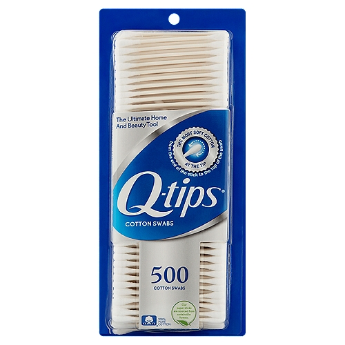 Q-tips Cotton Swabs, 500 count
The most soft cotton at the tip from the end of the stick to the top of the swab

Q-tips® cotton swabs are the ultimate home and beauty tool. With the most soft cotton at the tip (from the end of the stick to the top of the swab) and a gently flexible stick, Q-tips® cotton swabs are perfect for a variety of uses.