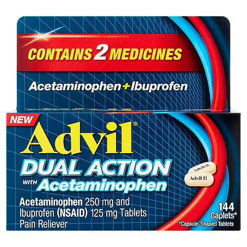 Advil Dual Action with Acetaminophen Caplets, 144 count
Caplets*
*Capsule-shaped tablets

Drug Facts
Active ingredients (in each caplet) - Purposes
Acetaminophen 250 mg - Pain reliever
Ibuprofen 125 mg (NSAID*) - Pain reliever
*nonsteroidal anti-inflammatory drug

Uses
■ temporarily relieves minor aches and pains due to:
 ■ headache
 ■ toothache
 ■ backache
 ■ menstrual cramps
 ■ muscular aches
 ■ minor pain of arthritis