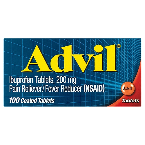 Advil Ibuprofen Coated Tablets, 200 mg, 100 count
Pain Reliever/Fever Reducer (NSAID)

Uses
■ temporarily relieves minor aches and pains due to:
 ■ headache
 ■ toothache
 ■ backache
 ■ menstrual cramps
 ■ the common cold
 ■ muscular aches
 ■ minor pain of arthritis
■ temporarily reduces fever

Drug Facts
Active ingredient (in each tablet) - Purpose
Ibuprofen 200 mg (NSAID)* - Pain reliever/Fever reducer
*nonsteroidal anti-inflammatory drug
