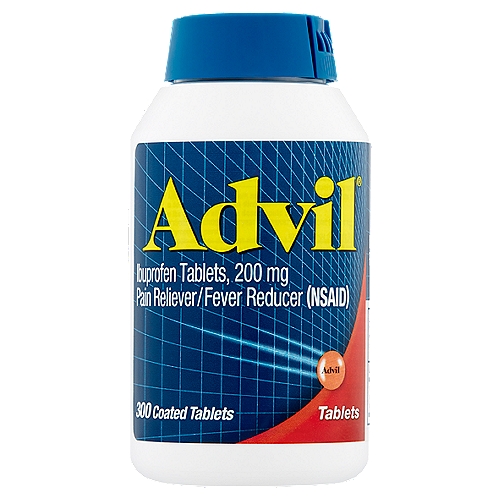 Advil Ibuprofen Coated Tablets, 200 mg, 300 count
Uses
■ temporarily relieves minor aches and pains due to:
 ■ headache
 ■ toothache
 ■ backache
 ■ menstrual cramps
 ■ the common cold
 ■ muscular aches
 ■ minor pain of arthritis
■ temporarily reduces fever 

Drug Facts
Active ingredient (in each tablet) - Purpose
Ibuprofen 200 mg (NSAID)* - Pain reliever/fever reducer
*nonsteroidal anti-inflammatory drug
