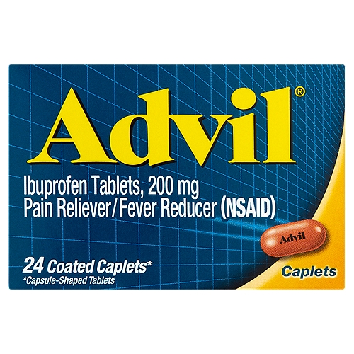 Advil Ibuprofen Coated Caplets, 200 mg, 24 count
Ibuprofen Tablets, 200 mg Pain Reliever/Fever Reducer (NSAID)

24 coated caplets*
*Capsule-shaped tablets

Uses
■ temporarily relieves minor aches and pains due to:
 ■ headache
 ■ toothache
 ■ backache
 ■ menstrual cramps
 ■ the common cold
 ■ muscular aches
 ■ minor pain of arthritis
■ temporarily reduces fever

Drug Facts
Active ingredient (in each caplet) - Purpose
Ibuprofen 200 mg (NSAID)* - Pain reliever/Fever reducer
*nonsteroidal anti-inflammatory drug