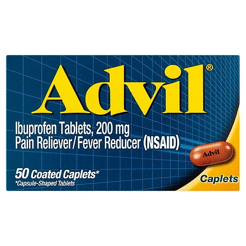 Advil Ibuprofen Coated Caplets, 200 mg, 50 count
Ibuprofen Tablets, 200 mg Pain Reliever/Fever Reducer (NSAID)

50 coated caplets*
*Capsule-shaped tablets

Uses
■ temporarily relieves minor aches and pains due to:
 ■ headache
 ■ toothache
 ■ backache
 ■ menstrual cramps
 ■ the common cold
 ■ muscular aches
 ■ minor pain of arthritis
■ temporarily reduces fever

Drug Facts
Active ingredient (in each caplet) - Purpose
Ibuprofen 200 mg (NSAID)* - Pain reliever/Fever reducer
*nonsteroidal anti-inflammatory drug