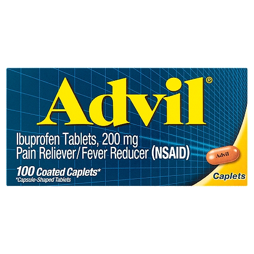 Advil Ibuprofen Coated Caplets, 200 mg, 100 count
Ibuprofen Tablets, 200 mg Pain Reliever/Fever Reducer (NSAID)

100 coated caplets*
*Capsule-shaped tablets

Uses
■ temporarily relieves minor aches and pains due to:
 ■ headache
 ■ toothache
 ■ backache
 ■ menstrual cramps
 ■ the common cold
 ■ muscular aches
 ■ minor pain of arthritis
■ temporarily reduces fever

Drug Facts
Active ingredient (in each caplet) - Purpose
Ibuprofen 200 mg (NSAID)* - Pain reliever/Fever reducer
*nonsteroidal anti-inflammatory drug