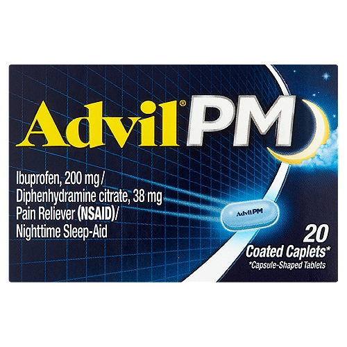 Advil PM Pain Reliever (NSAID)/Nighttime Sleep-Aid Coated Caplets, 20 count
Ibuprofen, 200mg/Diphenhydramine Citrate, 38 mg Pain Reliever (NSAID)/Nighttime Sleep-Aid

20 coated caplets*
*capsule-shaped tablets

Uses
■ for relief of occasional sleeplessness when associated with minor aches and pains
■ helps you fall asleep and stay asleep

Drug Facts
Active ingredients (in each caplet) - Purpose
Diphenhydramine citrate 38 mg - Nighttime sleep-aid
Ibuprofen 200 mg (NSAID)* - Pain reliever
*nonsteroidal anti-inflammatory drug