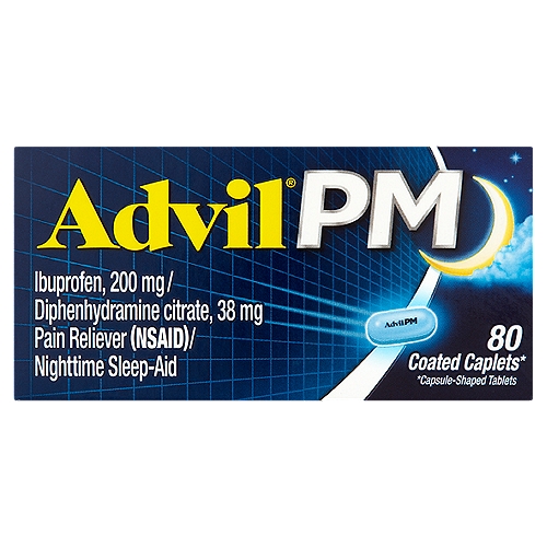 Advil PM Coated Caplets, 80 count
Coated caplets*
*Capsule-shaped tablets

Uses
■ for relief of occasional sleeplessness when associated with minor aches and pains
■ helps you fall asleep and stay asleep

Drug Facts
Active ingredients (in each caplet) - Purposes
Diphenhydramine citrate 38 mg - Nighttime sleep-aid
Ibuprofen 200 mg (NSAID)* - Pain reliever
*nonsteroidal anti-inflammatory drug
