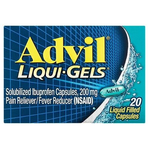 Advil Liqui-Gels Solubilized Ibuprofen Liquid Filled Capsules, 200 mg, 20 count
Pain Reliever/Fever Reducer (NSAID)

Uses
■ temporarily relieves minor aches and pains due to:
 ■ headache
 ■ toothache
 ■ backache
 ■ menstrual cramps
 ■ the common cold
 ■ muscular aches
 ■ minor pain of arthritis
■ temporarily reduces fever

Drug Facts
Active ingredient (in each capsule) - Purpose
Solubilized ibuprofen equal to 200 mg ibuprofen (NSAID)* (present as the free acid and potassium salt) - Pain reliever/Fever reducer
*nonsteroidal anti-inflammatory drug