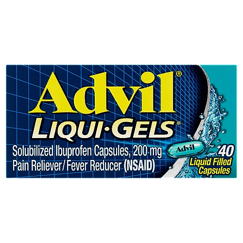 Advil Liqui-Gels Solubilized Ibuprofen Liquid Filled Capsules, 200 mg, 40 count
Pain Reliever/Fever Reducer (NSAID)

Uses
■ temporarily relieves minor aches and pains due to:
 ■ headache
 ■ toothache
 ■ backache
 ■ menstrual cramps
 ■ the common cold
 ■ muscular aches
 ■ minor pain of arthritis
■ temporarily reduces fever

Drug Facts
Active ingredient (in each capsule) - Purpose
Solubilized ibuprofen equal to 200 mg ibuprofen (NSAID)* (present as the free acid and potassium salt) - Pain reliever/fever reducer
*nonsteroidal anti-inflammatory drug