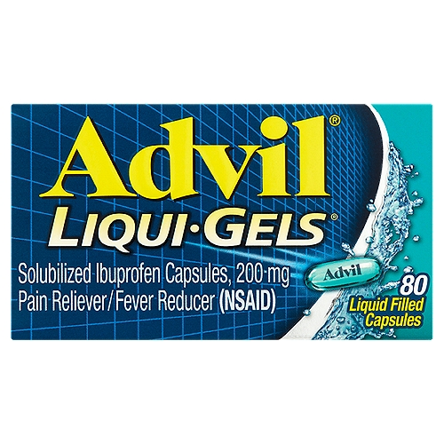 Advil Liqui-Gels Solubilized Ibuprofen Liquid Filled Capsules, 200 mg, 80 count
Pain Reliever/Fever Reducer (NSAID)

Uses
■ temporarily relieves minor aches and pains due to:
 ■ headache
 ■ toothache
 ■ backache
 ■ menstrual cramps
 ■ the common cold
 ■ muscular aches
 ■ minor pain of arthritis
■ temporarily reduces fever

Drug Facts
Active ingredient (in each capsule) - Purpose
Solubilized ibuprofen equal to 200 mg ibuprofen (NSAID)* (present as the free acid and potassium salt) - Pain reliever/Fever reducer
*nonsteroidal anti-inflammatory drug