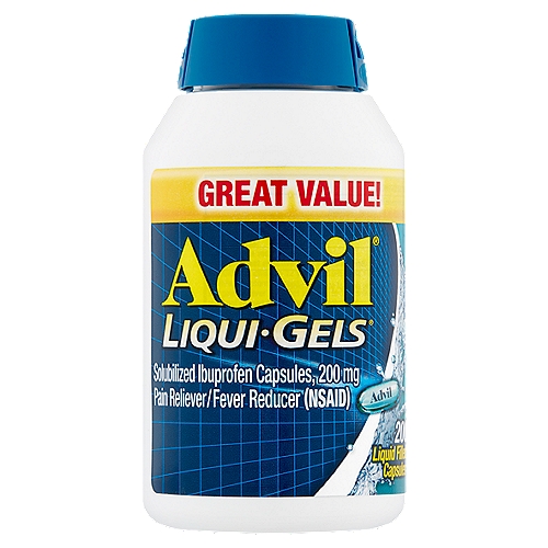 Advil Liqui-Gels Solubilized Ibuprofen Liquid Filled Capsules, 200 mg, 200 count
Great Value

Uses
■ temporarily relieves minor aches and pains due to:
 ■ headache
 ■ toothache
 ■ backache
 ■ menstrual cramps
 ■ the common cold
 ■ muscular aches
 ■ minor pain of arthritis
■ temporarily reduces fever

Drug Facts
Active ingredient (in each capsule) - Purpose
Solubilized ibuprofen equal to 200 mg ibuprofen (NSAID)* (present as the free acid and potassium salt) - Pain reliever/fever reducer
*nonsteroidal anti-inflammatory drug