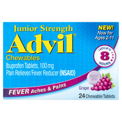 Advil Junior Strength Grape Ibuprofen Chewable Tablets, 100 mg, For Ages 2-11, 24 count