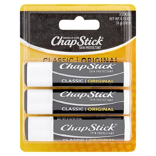 ChapStick Skin Protectant Classic Original Lip Balm, 0.15 oz, 3 count
Uses
■ helps prevent and temporarily protects chafed, chapped or cracked lips
■ helps prevent and protect from the drying effects of win and cold weather

Drug Facts
Active ingredient - Purpose
White Petrolatum 45% - Skin protectant