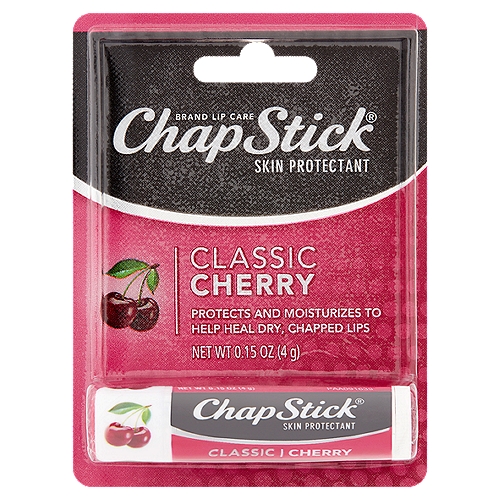 ChapStick Skin Protectant Classic Cherry Lip Balm, 0.15 oz
Uses
■ helps prevent and temporarily protects chafed, chapped or cracked lips
■ helps prevent and protect from the drying effects of wind and cold weather

Drug Facts
Active ingredient - Purpose
White Petrolatum 45% - Skin protectant