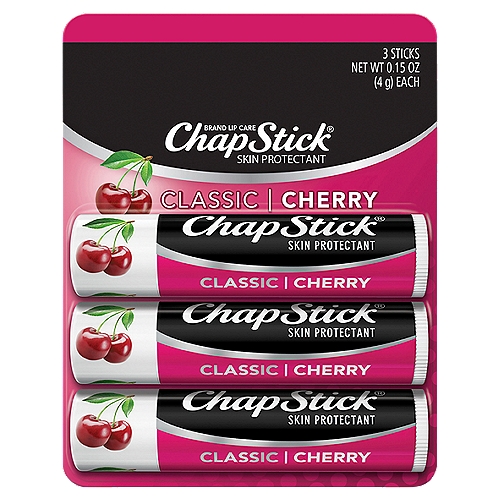 ChapStick Classic Cherry Lip Balm Tubes for Lip Care - 0.15 Oz (Pack of 3)
• One pack of three ChapStick Classic Cherry Lip Balm Tubes
• Classic ChapStick harnesses an original formula that softens and protects lips, leaving them silky and smooth
• Sweet flavor makes each ChapStick cherry flavored lip balm tube pleasant to apply
• Small, portable sticks of flavored ChapStick make it easy to keep in reach
• Apply for lip care as needed, particularly before dry, cold or wintry conditions
• Stow this classic cherry ChapStick in your pocket, purse or drawer for easy access in a pinch
• Cherry ChapStick 3 pack keeps you stocked up for longer

Drug Facts
Active ingredient - Purpose
White petrolatum 45% - Skin protectant

Uses
Helps prevent and temporarily protects chafed, chapped or cracked lips
Helps prevent and protect from the drying effects of wind and cold weather