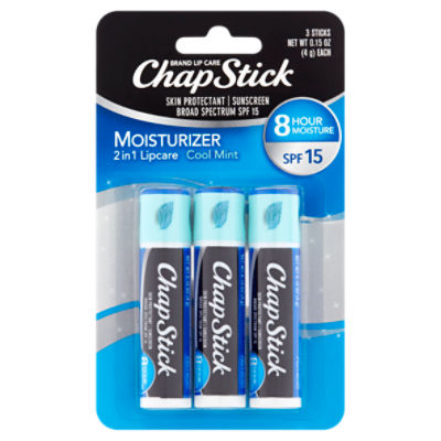 ChapStick Moisturizer Cool Mint Broad Spectrum Sunscreen Lip Balm, SPF 15, 0.15 oz, 3 count