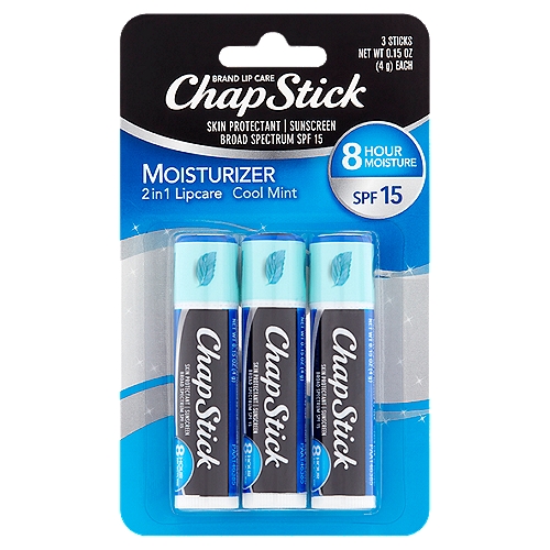 ChapStick Moisturizer Cool Mint Broad Spectrum Sunscreen Lip Balm, SPF 15, 0.15 oz, 3 count
Skin Protectant Broad Spectrum Sunscreen Moisturizer Cool Mint 2in1 Lipcare SPF 15

Drug Facts
Active ingredients - Purposes
Avobenzone 3%, Octinoxate 7.5% - Sunscreens
White petrolatum 41.4% - Skin protectant

Uses
■ helps prevent sunburn
■ if used as directed with other sun protection measures (see directions), decreases the risk of skin cancer and early skin aging caused by the sun
■ helps prevent and temporarily protects chafed, chapped or cracked lips
■ helps prevent and protect from the drying effects of wind and cold weather