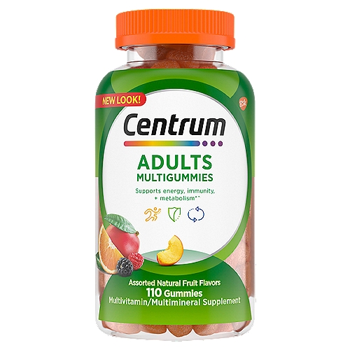   110 count bottle of assorted fruit-flavored Centrum MultiGummies Gummy Multivitamin for Adults, Multivitamin/Multimineral Supplement with Vitamins D   Adult multivitamin gummies with more vitamin D3 than any other gummy   Gummy vitamins that deliver key nutrients and antioxidants supplements to help support your energy, immunity and metabolism   Contains micronutrients, zinc and vitamins B, C and E   Easy-to-take gummy adult vitamins available in assorted fruit flavors   Gummy multivitamins made with no artificial sweeteners   Support your body head to toe by taking two gummies every day  Supports energy, immunity, + metabolism*^ ^ B-vitamins support daily energy needs.* Antioxidant vitamins C, E and zinc support normal immune function.* B-vitamins aid in the metabolism of fats, carbohydrates and proteins.* *These statements have not been evaluated by the Food and Drug Administration. This product is not intended to diagnose, treat, cure or prevent any disease.