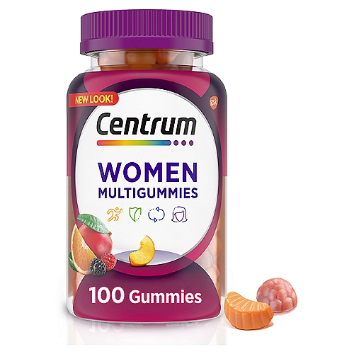Centrum MultiGummies Gummy Multivitamin for Women, Multivitamin/Multimineral Supplement - 100 Count
• One 100 count bottle of assorted fruit-flavored Centrum MultiGummies Gummy Multivitamin for Women, Multivitamin/Multimineral Supplement with Vitamin D3, B Vitamins and Antioxidants
• Delicious women's daily multivitamin specially formulated for energy, metabolism and immune support
• Energy and metabolism supplement with nutrients and antioxidants to help maintain a healthy appearance
• Multivitamin gummies for women that contain biotin, zinc and vitamins A, B and C
• Women's multivitamins that are easy to take with or without water
• Features great-tasting cherry, berry and orange natural flavors with no added sweeteners
• Support your body head to toe by taking two gummies every day

Supports energy, immunity, metabolism + healthy appearance**
B-vitamins support daily energy needs.*
Antioxidant vitamins C, E and zinc support normal immune function.*
B-vitamins aid in the metabolism of fats, carbohydrates and proteins.*
Biotin, vitamins A, C and E help maintain healthy appearance.*
*These statement have not been evaluated by the Food and Drug Administration. This product is not intended to diagnose, treat, cure or prevent any diseasse.