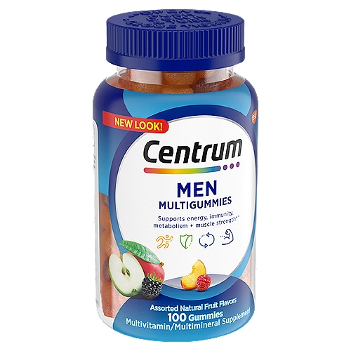  • 100 count bottle of assorted fruit-flavored Centrum MultiGummies Gummy Multivitamin for Men, Multivitamin/Multimineral Supplement with Selenium, Antioxidants and Vitamin D3 • Multivitamin gummies for men specially formulated to help support your energy, immunity, metabolism and muscle function • Men's gummy multivitamins with more vitamin D than any other gummy • Specially formulated multivitamins for men with selenium, zinc, vitamins B and D, and antioxidant vitamins C and E • Easy-to-take gummies made with no artificial flavors or sweeteners • Men's multivitamin gummies available in three delicious natural flavors: cherry, berry and apple • Take two of these gummies every day Supports energy, immunity, metabolism + muscle strength*^ ^ B-vitamins support daily energy needs.* Antioxidant vitamins C, E and zinc support normal immune function.* B-vitamins aid in the metabolism of fats, carbohydrates and proteins.* Vitamins D and B6 help support muscle function.