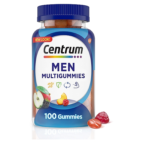 Centrum MultiGummies Gummy Multivitamin for Men, Multivitamin/Multimineral Supplement - 100 Count
• 100 count bottle of assorted fruit-flavored Centrum MultiGummies Gummy Multivitamin for Men, Multivitamin/Multimineral Supplement with Selenium, Antioxidants and Vitamin D3
• Multivitamin gummies for men specially formulated to help support your energy, immunity, metabolism and muscle function
• Men's gummy multivitamins with more vitamin D than any other gummy
• Specially formulated multivitamins for men with selenium, zinc, vitamins B and D, and antioxidant vitamins C and E
• Easy-to-take gummies made with no artificial flavors or sweeteners
• Men's multivitamin gummies available in three delicious natural flavors: cherry, berry and apple
• Take two of these gummies every day

Supports energy, immunity, metabolism + muscle strength*^
^ B-vitamins support daily energy needs.*
Antioxidant vitamins C, E and zinc support normal immune function.*
B-vitamins aid in the metabolism of fats, carbohydrates and proteins.*
Vitamins D and B6 help support muscle function.*
* These statement have not been evaluated by the Food and Drug Administration. This product is not intended to diagnose, treat, cure or prevent any disease.