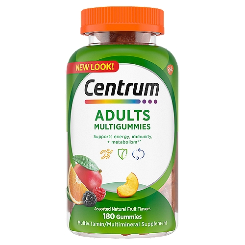 Centrum MultiGummies Gummy Multivitamin for Adults, Multivitamin/Multimineral Supplement - 180 Count
• 180 count bottle of assorted fruit-flavored Centrum MultiGummies Gummy Multivitamin for Adults, Multivitamin/Multimineral Supplement with Vitamins D
• Adult multivitamin gummies with more vitamin D3 than any other gummy
• Gummy vitamins that deliver key nutrients and antioxidants supplements to help support your energy, immunity and metabolism
• Contains micronutrients, zinc and vitamins B, C and E
• Easy-to-take gummy adult vitamins available in assorted fruit flavors
• Gummy multivitamins made with no artificial sweeteners
• Support your body head to toe by taking two gummies every day

Supports energy, immunity, + metabolism*^
^ B-vitamins support daily energy needs.*
Antioxidant vitamins C, E and zinc support normal immune function.*
B-vitamins aid in the metabolism of fats, carbohydrates and proteins.*
*These statement have not been evaluated by the Food and Drug Administration. This product is not intended to diagnose, treat, cure or prevent any disease.