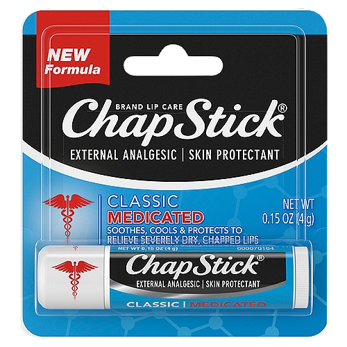 ChapStick Classic Medicated Lip Balm, 0.15 oz
• One 0.15-ounce ChapStick Classic Medicated Lip Balm Tube
• Medicated ChapStick acts as a skin protectant to heal severely dry and chapped lips
• Classic ChapStick that comes with a design that makes it easy to apply
• Chapped lips treatment formulated with camphor, menthol and phenol that soothes and cools
• Stow this ChapStick medicated lip balm in your pocket, purse or drawer and apply as needed to soothe lips
• Single pack of ChapStick is highly portable and easy to keep in reach