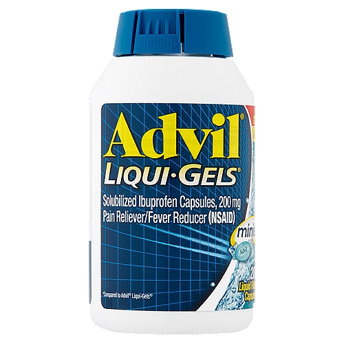 Advil Liqui-Gels Minis Solubilized Ibuprofen Liquid Filled Capsules, 200 mg, 200 count
Same strength*
*Compared to Advil® Liqui-Gels®

Uses
■ temporarily relieves minor aches and pains due to:
 ■ headache
 ■ toothache
 ■ backache
 ■ menstrual cramps
 ■ the common cold
 ■ muscular aches
 ■ minor pain of arthritis
■ temporarily reduces fever

Drug Facts
Active ingredient (in each capsule) - Purpose
Solubilized ibuprofen equal to 200 mg ibuprofen (NSAID)* (present as the free acid and potassium salt) - Pain reliever/fever reducer
*nonsteroidal anti-inflammatory drug