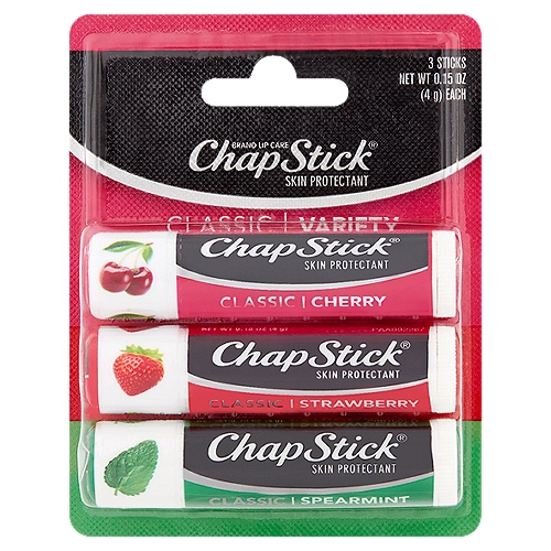 ChapStick Skin Protectant Classic Variety Lip Balm, 0.15 oz, 3 count
Uses
■ helps prevent and temporarily protects chafed, chapped or cracked lips
■ helps prevent and protect from the drying effects of wind and cold weather

Drug Facts
Active ingredient - Purpose
White Petrolatum 45% - Skin protectant