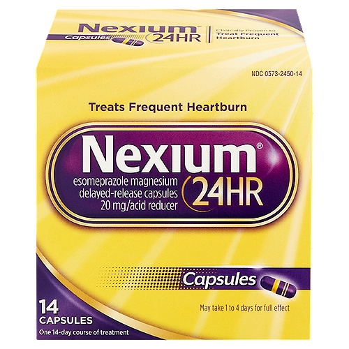Nexium 24hr Esomeprazole Magnesium Delayed-Release Capsules, 20 mg, 14 count
Uses
■ treats frequent heartburn (occurs 2 or more days a week)
■ not intended for immediate relief of heartburn; this drug may take 1 to 4 days for full effect

Drug Facts
Active ingredient (in each capsule) - Purpose
Esomeprazole 20 mg (Each delayed-release capsule corresponds to 22.3 mg esomeprazole magnesium trihydrate) - Acid reducer