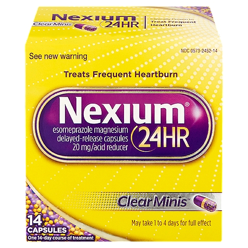 Nexium 24hr Clear Minis Esomeprazole Magnesium Delayed-Release Capsules, 20 mg, 14 countnUsesn■ treats frequent heartburn (occurs 2 or more days a week)n■ not intended for immediate relief of heartburn; this drug may take 1 to 4 days for full effectnnDrug FactsnActive ingredient (in each capsule) - PurposenEsomeprazole 20 mg (Each delayed-release capsule corresponds to 22.3 mg esomeprazole magnesium trihydrate) - Acid reducer