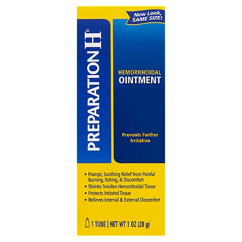 Preparation H Hemorrhoidal Ointment, 1 oz
Uses
■ helps relieve the local itching and discomfort associated with hemorrhoids
■ temporarily shrinks hemorrhoidal tissue and relieves burning
■ temporarily provides a coating for relief of anorectal discomforts
■ temporarily protects the inflamed, irritated anorectal surface to help make bowel movements less painful

Drug Facts
Active ingredients - Purposes
Mineral oil 14%, Petrolatum 74.9% - Protectant
Phenylephrine HCI 0.25% - Vasoconstrictor