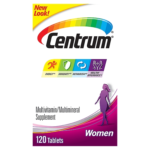 Centrum Multivitamin for Women, Multivitamin/Multimineral Supplement with Iron - 120 Count
• 120 count supply of Centrum Multivitamin for Women, Multivitamin/Multimineral Supplement with Iron, Vitamins D3, B and Antioxidants
• Women's multivitamin with iron and antioxidants to support energy, immunity and metabolism
• Metabolism supplement containing Centrum's highest levels of vitamin D3 to support bone health
• Formulated with micronutrients and iron as an energy supplement, as well as biotin, antioxidants and vitamins A, B, C, D3 and E
• Each bottle of these women's multivitamins contains 120 easy-to-take tablets to help you maintain your overall health
• Women's vitamin with iron made with gluten free, non GMO ingredients
• Take one of these immunity support supplement tablets every day with food

Energy*^
^B-vitamins and iron support daily energy needs*
Immunity*°
°Antioxidants†† support normal immune function*
Metabolism*¥
¥B-vitamins aid in the metabolism of fats, carbohydrates and proteins*
Healthy Appearance*‡
‡Biotin, beta carotene, vitamins A, C and E help maintain healthy appearances*

Vitamin A as 5 Bunches Broccoli**†
Vitamin B6 as 4 Cups of Bananas**†

~Non-GMO applies to Centrum & Centrum Silver Tablets only
** Based on USDA FoodData Central values for medium bananas and raw broccoli, bunch. Applies to this product only.
† Not intended to replace a healthy and balanced diet.
†† Refers to VItamins C, E, Beta-Carotene and Zinc.

*This statement has not been evaluated by the Food and Drug Administration. This product is not intended to diagnose, treat, cure or prevent any disease.