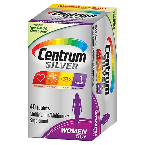 Centrum Silver Multivitamin for Women 50 Plus, Multivitamin/Multimineral Supplement - 40 Count
• 40 count bottle of Centrum Silver Multivitamins for Women Over 50, Multimineral Supplement with Vitamin D3, B Vitamins and Calcium
• Age-adjusted women's multivitamins that support the heart, brain, eyes and overall health of women age 50+
• Multivitamins for women 50 and over that contain micronutrients to feed cells and help support full body wellness
• Bone health supplements that help support immune health, bone health and muscle function with vitamin D
• Multivitamin for women 50 plus that is non GMO and gluten free
• Multivitamin for women over 50 that comes in an easy-to-swallow tablet
• Take one of these senior multivitamins for women every day to provide nutrients to support a healthy body

Verified Non-GMO & Gluten Free!~
~Non-GMO applies to Centrum & Centrum Silver Tablets only

Heart Health*§
B-vitamins help promote heart health*
Brain Health*
Zinc and B-vitamins help support normal brain function*
Eye Health*
Vitamins A, C, and E and lutein+ support healthy eyes*
Bone Health*
Vitamin D and calcium help maintain strong bones*
§Not a replacement for cholesterol-lowering drugs
+This product is not intended to provide daily intake of lutein. Take with a diet rich in fruits and vegetables.
*This statement has not been evaluated by the Food and Drug Administration. This product is not intended to diagnose, treat, cure or prevent any disease.