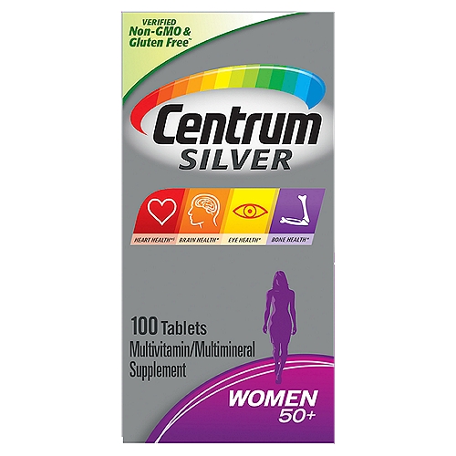 Centrum Silver Multivitamin for Women 50 Plus, Multivitamin/Multimineral Supplement - 100 Count
• 100 count bottle of Centrum Silver Multivitamins for Women Over 50, Multimineral Supplement with Vitamin D3, B Vitamins and Calcium
• Age-adjusted women's multivitamins that support the heart, brain, eyes and overall health of women age 50+
• Multivitamins for women 50 and over that contain micronutrients to feed cells and help support full body wellness
• Bone health supplements that help support immune health, bone health and muscle function with vitamin D
• Multivitamin for women 50 plus that is non GMO and gluten free
• Multivitamin for women over 50 that comes in an easy-to-swallow tablet
• Take one of these senior multivitamins for women every day to provide nutrients to support a healthy body

Brain Health*
B-vitamins help promote heart health*
Bone Health*
Zinc and B-vitamins help support normal brain function*
Eye Health*
Vitamins A, C, and E and Lutein* support healthy eyes*
Heart Health*
Vitamin D and Calcium help maintain strong bones*

Not a replacement for cholesterol-lowering drugs

*This product is not intended to provide daily intake of lutein. Take with a diet rich in fruits and vegetables.

*This statement has not been evaluated by the Food and Drug Administration. This product is not intended to diagnose, treat, cure or prevent any disease.