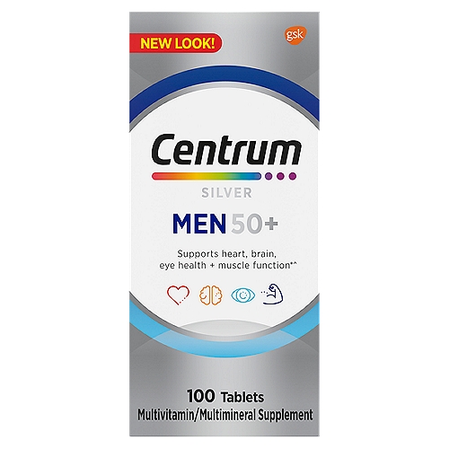 Centrum Silver Multivitamin for Men 50 Plus, Multivitamin/Multimineral Supplement - 100 Count
• 100 count bottle of Centrum Silver Multivitamin for Men 50 Plus, Multivitamin/Multimineral Supplement with Vitamin D3, B Vitamins and Zinc
• Multivitamins for men over 50 that are an ideal heart, eye and brain health supplement
• Senior multivitamins for men that contain micronutrients to feed cells and help support full body wellness
• Multivitamins for men 50 and over that help support immune health, bone health and muscle function with vitamin D
• Vitamins for eye health that are non GMO and gluten free
• Vitamins for men 50 plus that come in an easy-to-swallow tablet
• Take one of these vitamins for men over 50 every day to provide nutrients to support a healthy body

Verified non-GMO & gluten free~
~Non-GMO applies to Centrum & Centrum Silver Tablets only, learn more at centrum.com

Heart health*§
B-vitamins and lycopene help promote heart health *
Brain health*
Zinc and B-vitamins help support normal brain function*
Eye health*
Vitamins A, C and E and lutein+ support healthy eyes*
Muscle function*
Magnesium, vitamin D and B6 support muscle function*
§Not a replacement for cholesterol-lowering drugs
+This product is not intended to provide daily intake of lutein. Take with a diet rich in fruits and vegetables.
*This statement has not been evaluated by the Food and Drug Administration. This product is not intended to diagnose, treat, cure or prevent any disease.

FloraGLo Lutein®