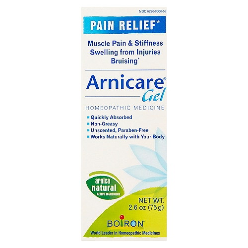 Boiron Arnicare Gel Homeopathic Medicine, 2.6 oznPain relief*nMuscle pain & stiffness swelling from injuries bruising*nnUse Arnicare at the First Sign of PainnArnicare Gel is made from Arnica montana (a mountain daisy), which has been used for centuries to naturally relieve pain. It has a cooling effect for fast pain relief. Arnicare is recommended by doctors, plastic surgeons and pharmacists, and used by professional athletes and savvy moms.nnUses*n■ temporarily relieves muscle pain and stiffness due to minor injuries, overexertion and fallsn■ reduces pain, swelling and discoloration from bruisesnnDrug FactsnActive ingredient** - Purpose*nArnica montana 1x HPUS-7% - Trauma, muscle pain & stiffness, swelling from injuries, discoloration from bruisingnThe letters HPUS indicate that this ingredient is officially included in the Homeopathic Pharmacopoeia of the United States.n*These "Uses" have not been evaluated by the Food and Drug Administration.n**C, K, CK, and X are homeopathic dilutions: see www.boironusa.com for details.