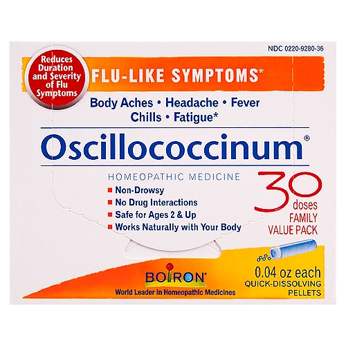 Oscillococcinum Homeopathic Medicine by Boiron, 30 dose
Boiron Oscillococcinum temporarily relieves flu-like symptoms such as: body aches, headache, fever, chills, and fatigue.

Flu-Like Symptoms*

Drug Facts
Active ingredient** - Purpose*
Anas barbariae 200CK HPUS - To reduce the duration and severity of flu-like symptoms
The letters HPUS indicate that this ingredient is officially included in the Homeopathic Pharmacopoeia of the United States.

Uses*
■ temporarily relieves flu-like symptoms such as:
■ body aches
■ headache
■ fever
■ chills
■ fatigue

*These ''Uses'' have not been evaluated by the Food and Drug Administration.
**C, K, CK, and X are homeopathic dilutions: see www.boironusa.com for details.